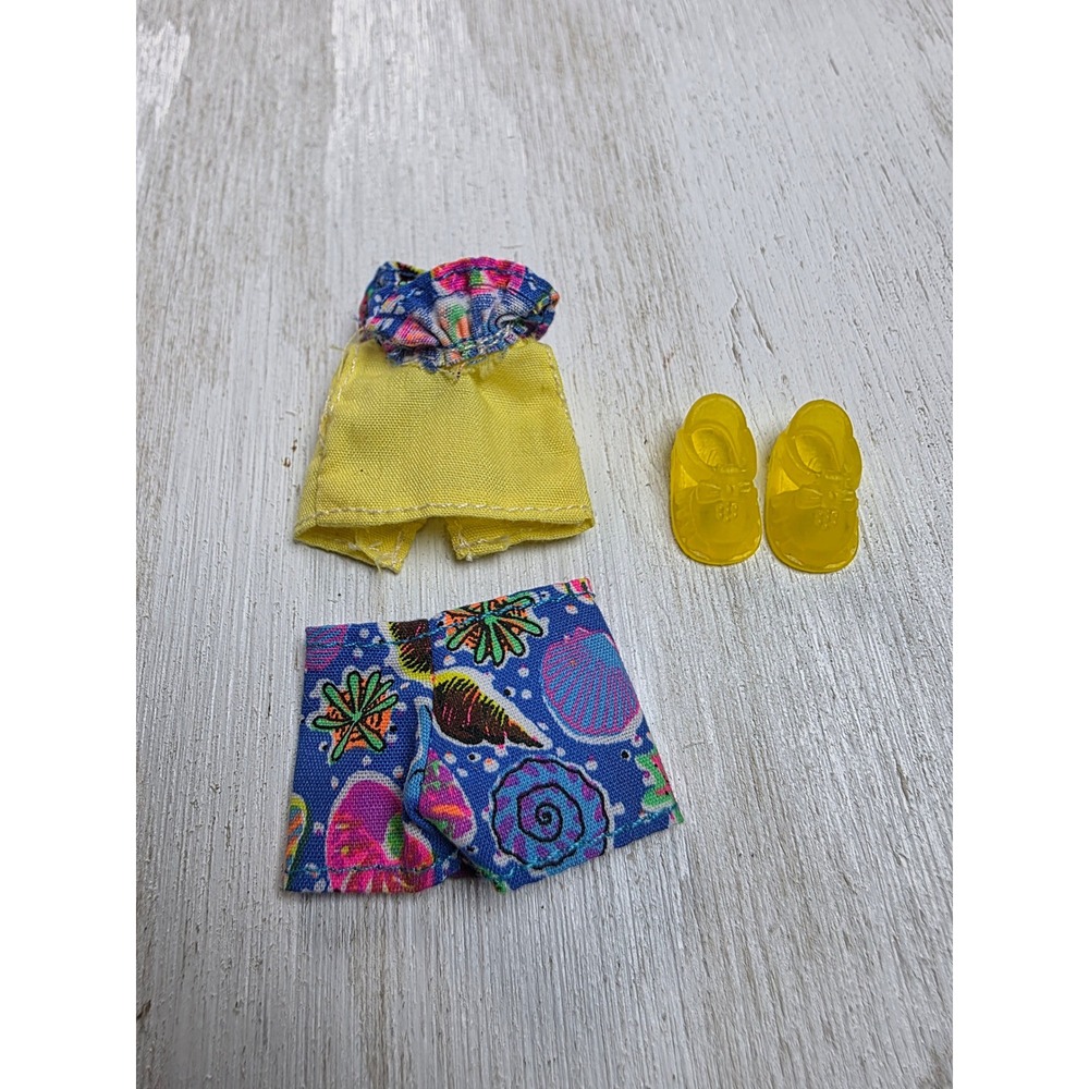 Vintage Mattel Kelly Doll Beach Outfit Yellow Top Seashell Shorts Jelly Shoes